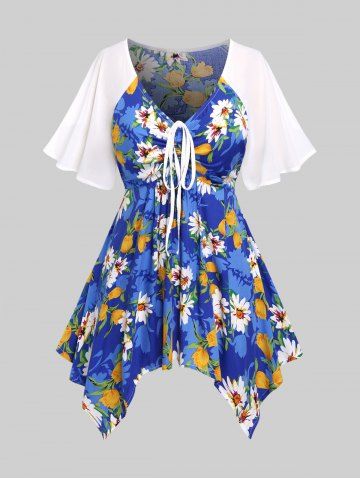 Plus Size Floral Printed Cinched Ruched Raglan Sleeves Handkerchief Tee - BLUE - M | US 10