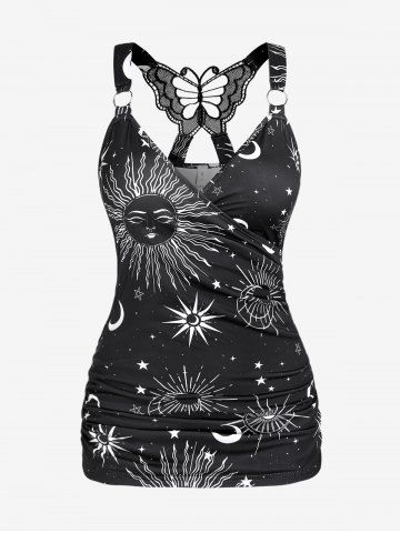 Plus Size Surplice Ruched Hollow Out Butterfly Crisscross Sun Moon Star Print Tank Top