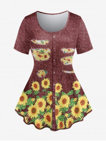 Plus Size 3D Sunflowers Print Hole Button Denim Short Sleeve T-Shirt - DEEP RED - 2X | US 18-20