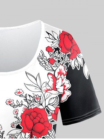 Plus Size 3D Rose Leaf Colorblock Print Short Sleeve Valentines T-Shirt