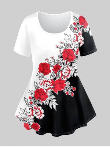 T-shirt à Manches Courtes à Imprimé Feuille et Rose 3D Grande Taille - WHITE - 3X | US 22-24