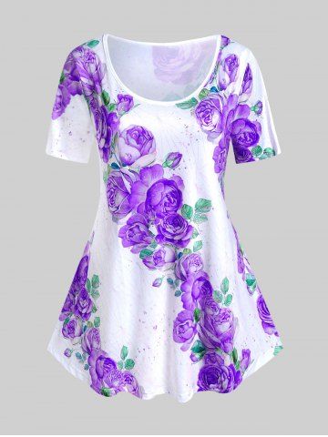 Plus Size 3D Rose Leaves Print Short Sleeve T-Shirt