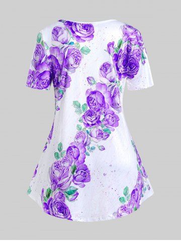 Plus Size 3D Rose Leaves Print Short Sleeve T-Shirt
