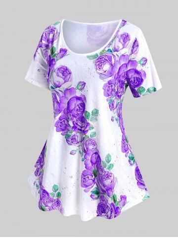 Plus Size 3D Rose Leaves Print Short Sleeve T-Shirt - PURPLE - 5X | US 30-32