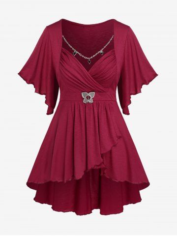 Plus Size Butterfly Sleeves Ruched Ruffles Chain High Low T-shirt - RED - M | US 10