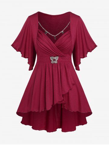 Plus Size Butterfly Sleeves Ruched Ruffles Chain High Low T-shirt