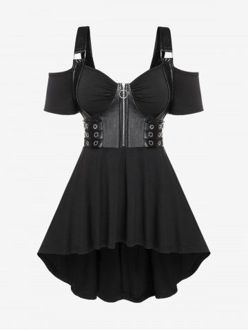 Gothic Zipper PU Leather Grommet Ruched Cold Shoulder Top - BLACK - 3X | US 22-24