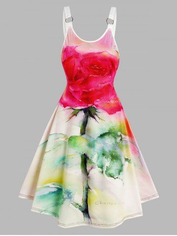 Rose Watercolor Painting Print V Neck A Line Dress - LIGHT PINK - S