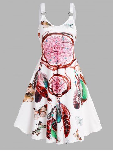 Feather Dreamcatcher Butterfly Print V Neck Sleeveless Dress - LIGHT PINK - S