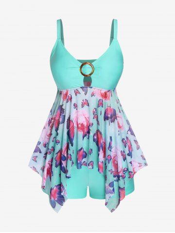 Plus Size Butterfly Print O-ring Buckle Panel Hollow Out Boyleg Tankini Swimsuit - GREEN - L