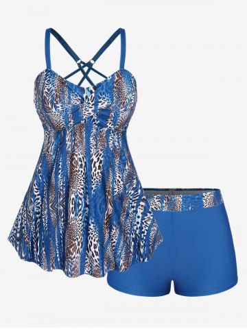 Leopard Print Twist Crisscross Boyleg Tankini Swimsuit - DEEP BLUE - 4X | US 26-28