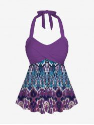 Haut Tankini à Dos Nu Imprimé Bloc de Couleur et Col Halter - Pourpre  L