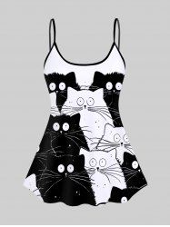 Haut Tankini à Bretelles Spaghetti à Dos Nu Imprimé Chat Noir 3D - Noir 1X
