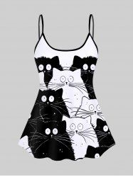 3D Black White Cat Print Backless Spaghetti Strap Tankini Top -  