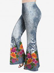Plus Size 3D Flower Leaves Denim Print Flare Pants -  