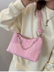 Faux Pearl Chain Decor Textured Shoulder Bag -  