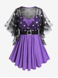 Plus Size Star Sheer Mesh Panel Butterfly Sleeves 2 in 1 Tee with Belt -  