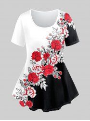 Plus Size 3D Rose Leaf Colorblock Print Short Sleeve T-Shirt - Blanc 5x | US 30-32