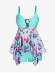 Maillot de Bain Tankini Evidé Bouclé Papillon Imprimé de Grande Taille - Vert 5X