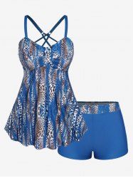 Leopard Print Twist Crisscross Boyleg Tankini Swimsuit -  
