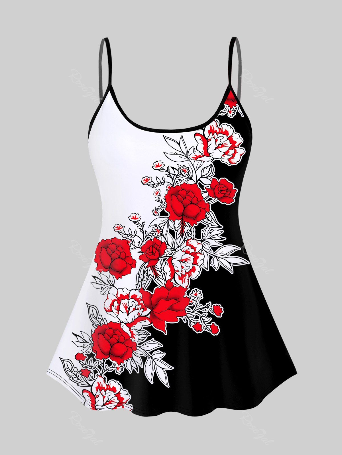 Discount Backless 3D Rose Colorblock Print Spaghetti Strap Tankini Top  