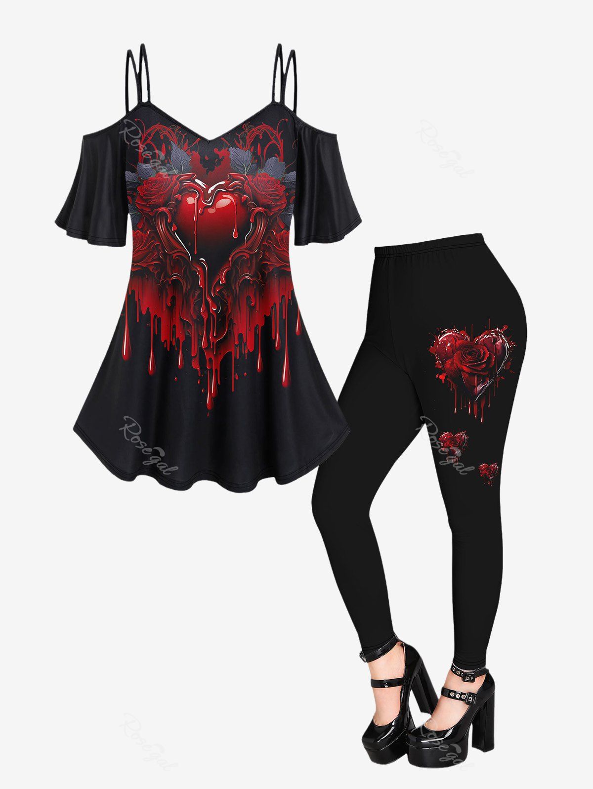 Trendy Gothic Rose Rose Blood Heart Print Open Shoulder T-shirt and Rose Heart 3D Printed Leggings Outfit  