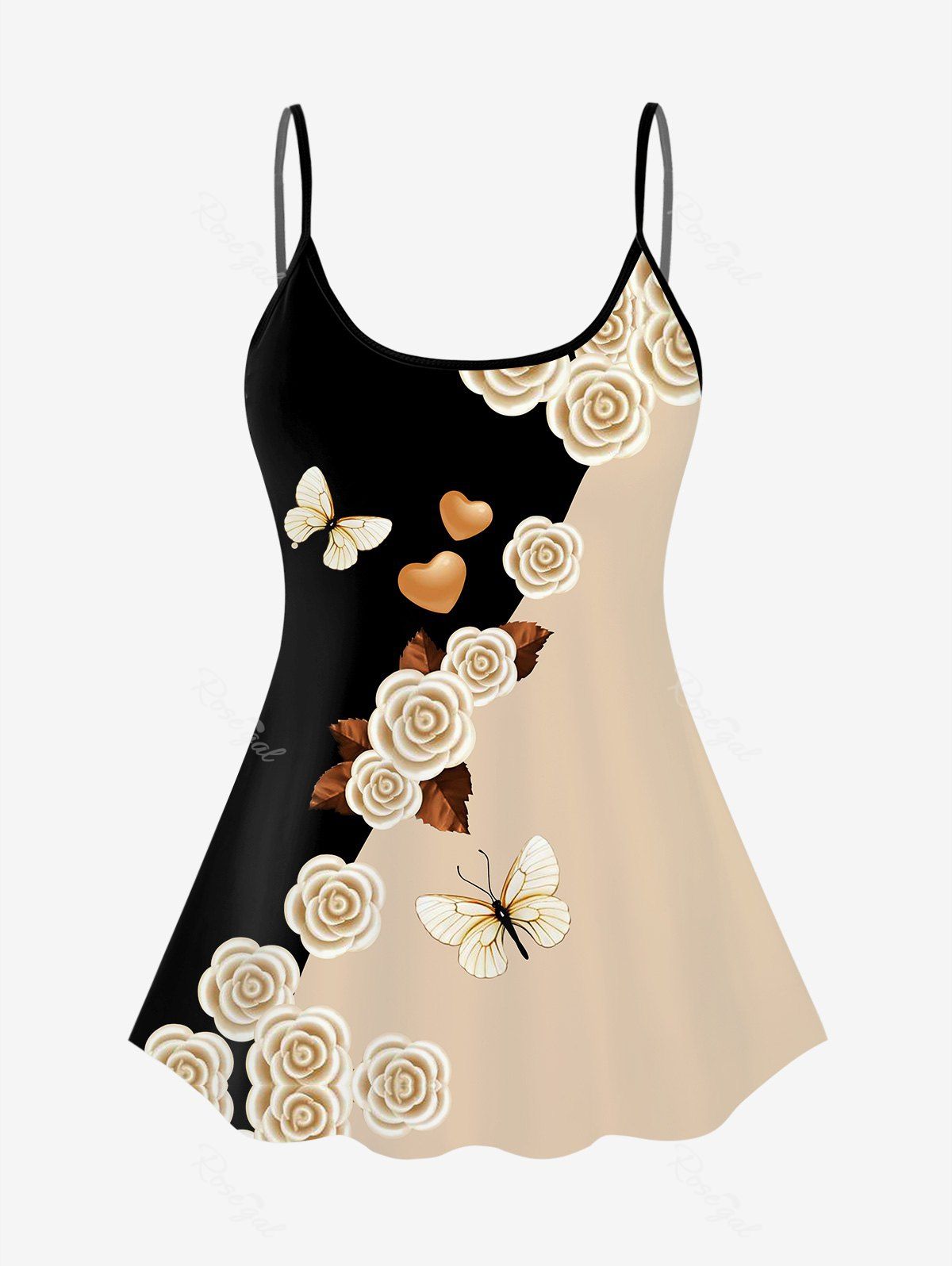 Hot 3D Butterfly Heart Flower Colorblock Print Backless Spaghetti Strap Tankini Top  