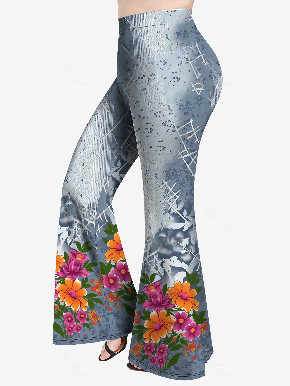 Pantalon Evasé 3D Fleur Feuille Imprimée de Grande Taille en Denim Multi-A 5x | US 30-32