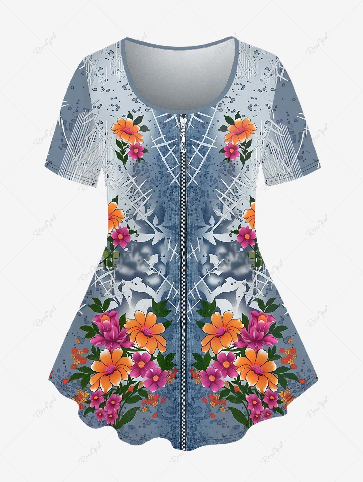 Buy Plus Size 3D Flower Leaves Zipper Denim Print Short Sleeve T-Shirt  