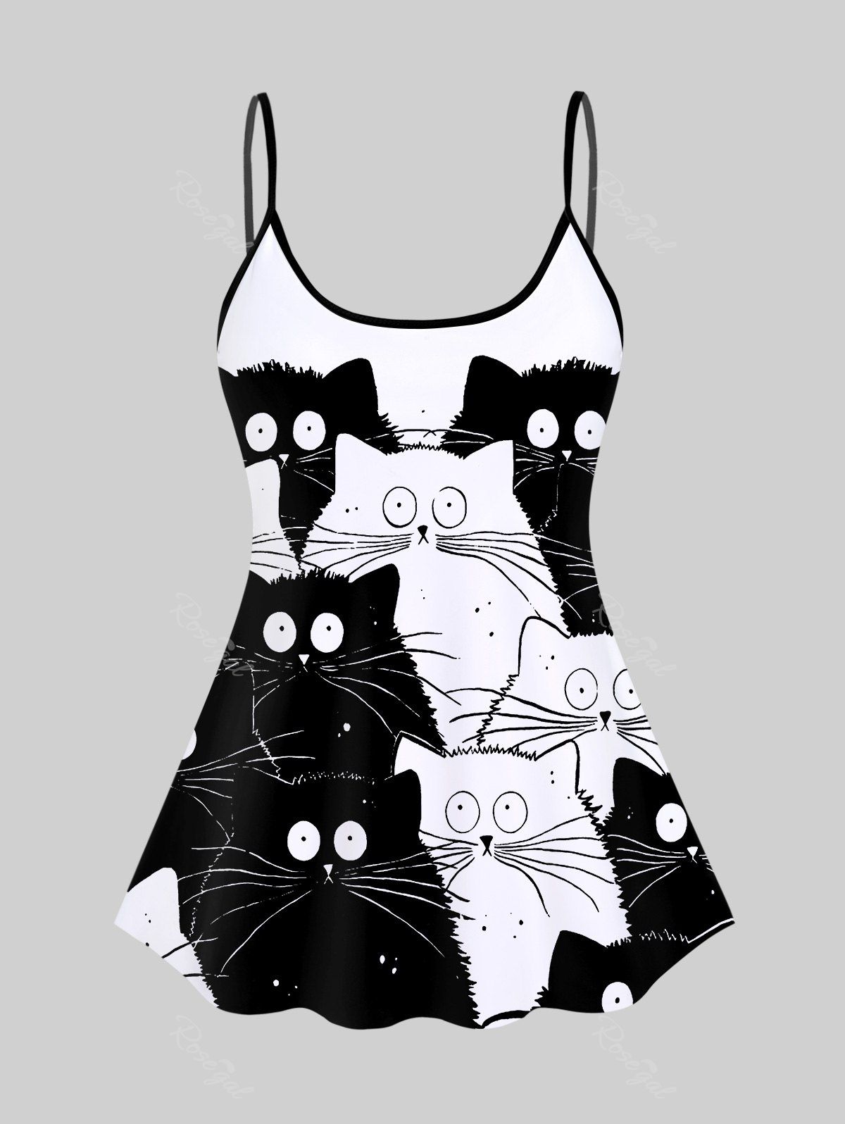 Fashion 3D Black White Cat Print Backless Spaghetti Strap Tankini Top  