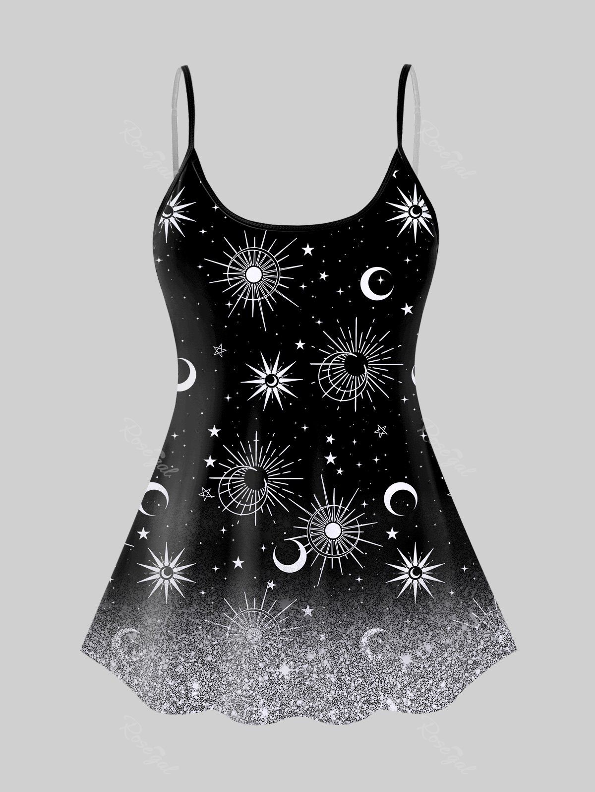Outfits 3D Sparkling Sequin Glitter Sun Moon Star Print Backless Spaghetti Strap Tankini Top  