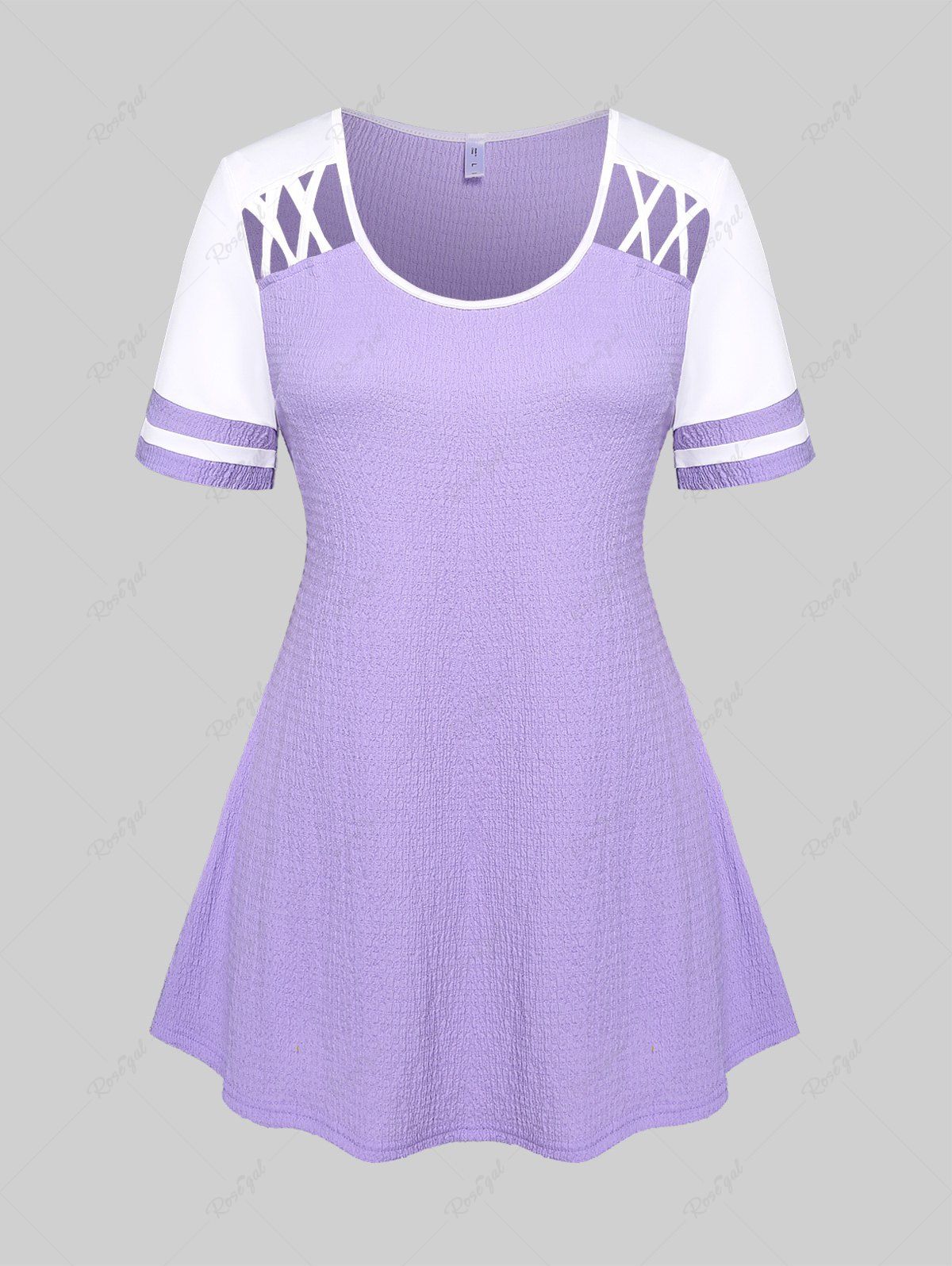 T-shirt Texturé Croisé Découpé Bicolore de Grande Taille Violet clair 2X | US 18-20