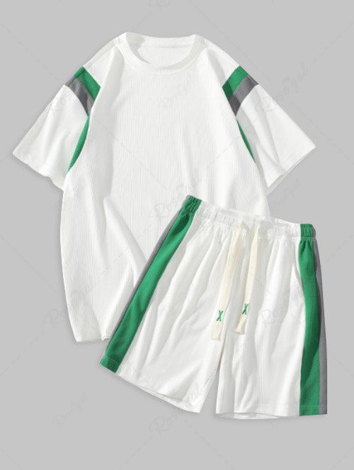 Unique Colorblock Textured Short Sleeves T-shirt and Shorts Athletic Set  