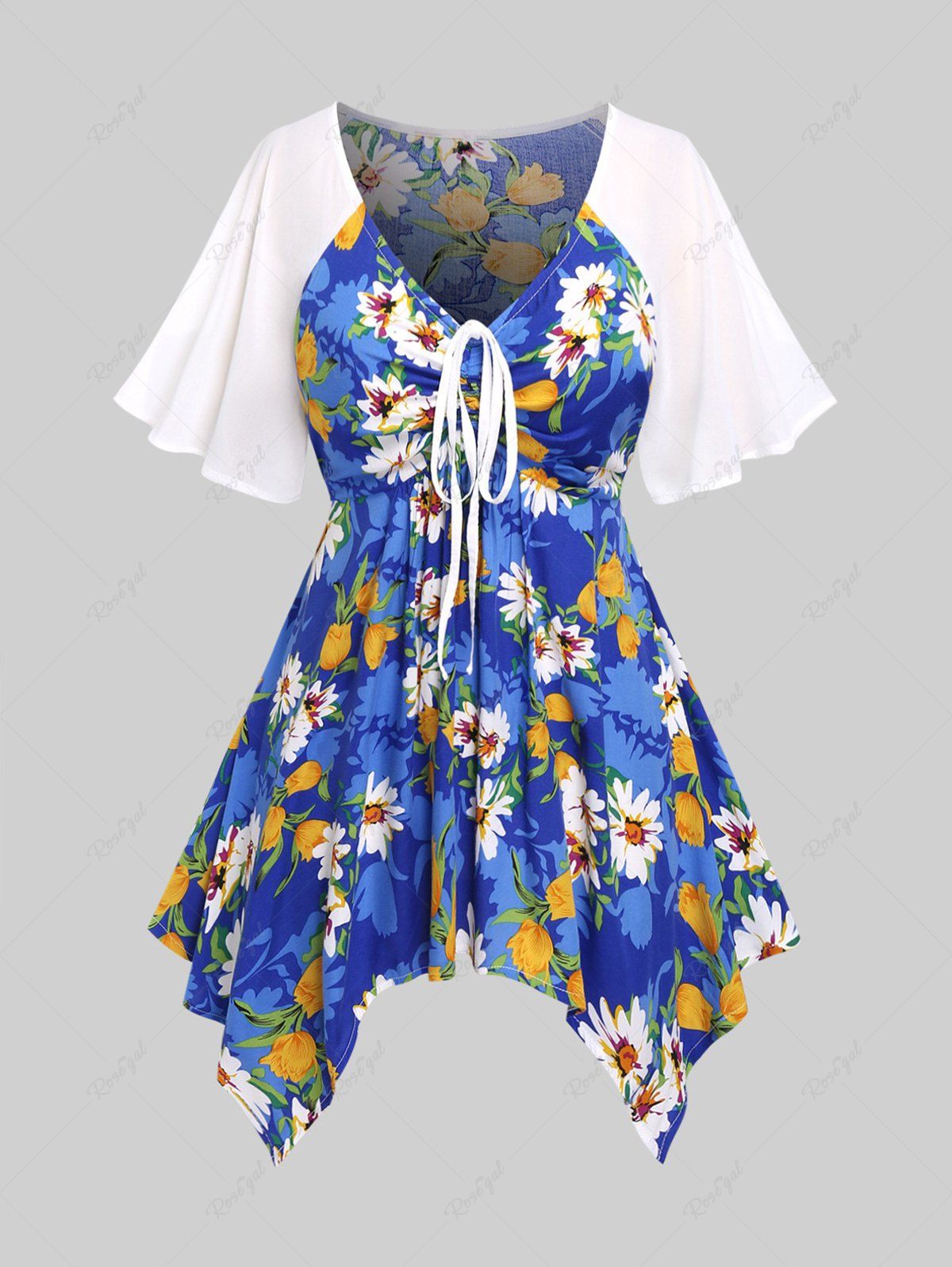 Trendy Plus Size Floral Printed Cinched Ruched Raglan Sleeves Handkerchief Tee  