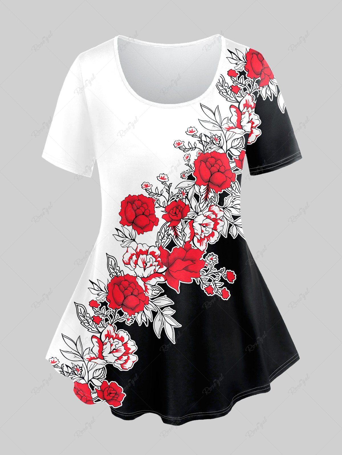 Unique Plus Size 3D Rose Leaf Colorblock Print Short Sleeve Valentines T-Shirt  