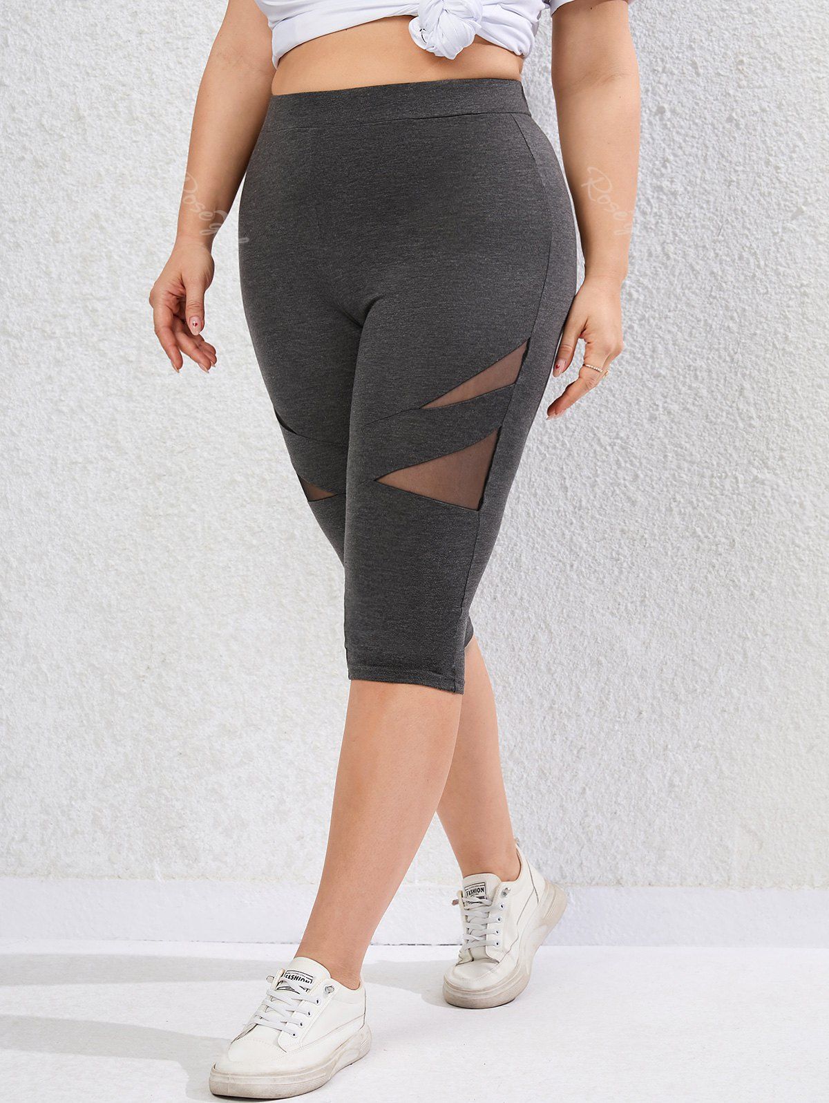 Sale Plus Size Sheer Mesh Panel Skinny Capri Leggings  