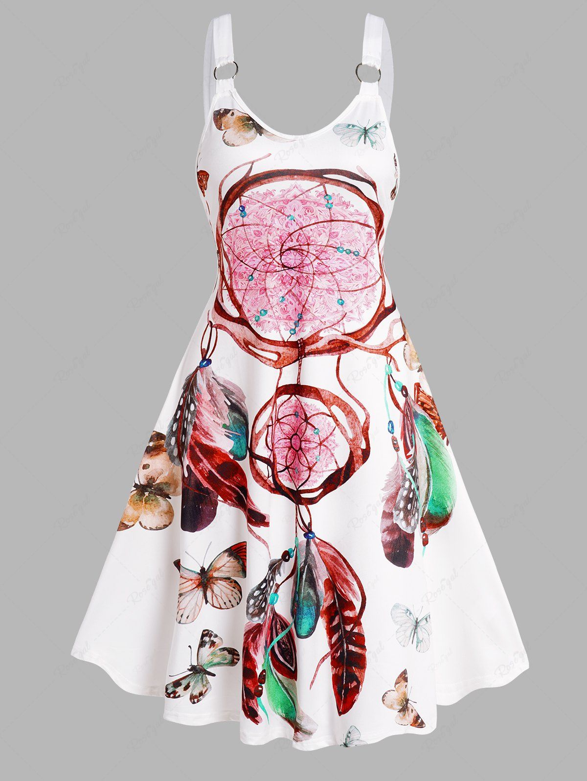 New Feather Dreamcatcher Butterfly Print V Neck Sleeveless Dress  