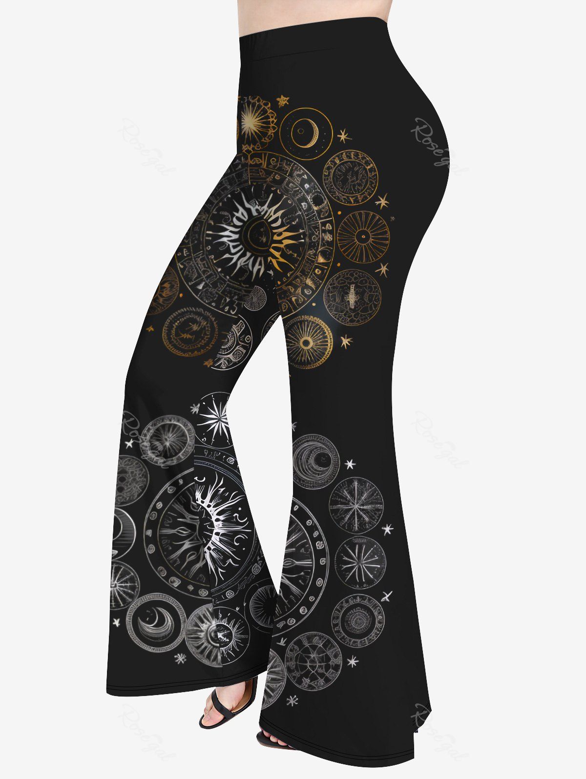 Pantalon Évasé Gothique Imprimé Lune Étoile et Soleil 3D Noir 5x | US 30-32