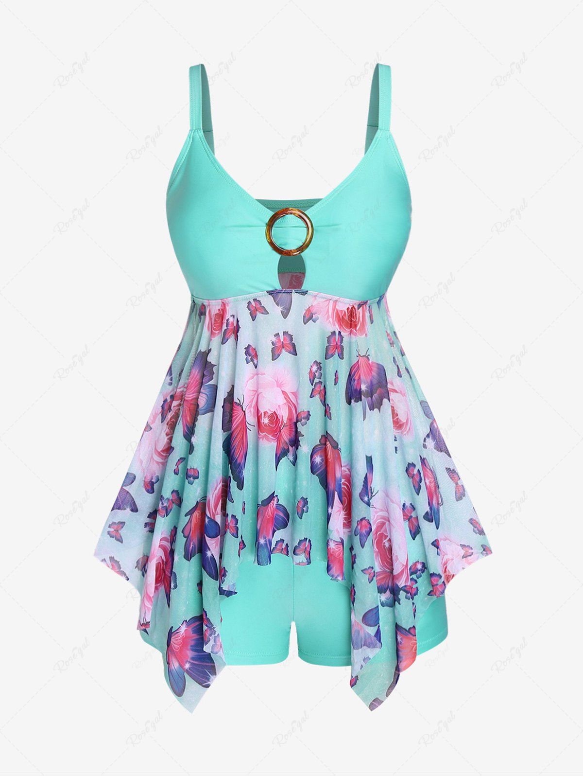 Maillot de Bain Tankini Evidé Bouclé Papillon Imprimé de Grande Taille Vert 5X