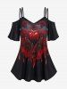 Gothic Rose Rose Blood Heart Print Open Shoulder T-shirt and Rose Heart 3D Printed Leggings Outfit -  