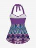 Haut Tankini à Dos Nu Imprimé Bloc de Couleur et Col Halter - Pourpre  L