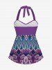 Halter Backless Twisted Ink Painted Colorblock Print Waist Modest Tankini Top -  