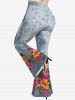 Pantalon Evasé 3D Fleur Feuille Imprimée de Grande Taille en Denim - Multi-A 5x | US 30-32
