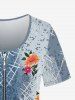 Plus Size 3D Flower Leaves Zipper Denim Print Short Sleeve T-Shirt -  
