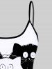 3D Black White Cat Print Backless Spaghetti Strap Tankini Top -  
