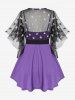 Plus Size Star Sheer Mesh Panel Butterfly Sleeves 2 in 1 Tee with Belt -  
