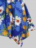 T-shirt Mouchoir Fleuri Imprimé de Grande Taille à Manches Raglan à Volants - Bleu L | US 12