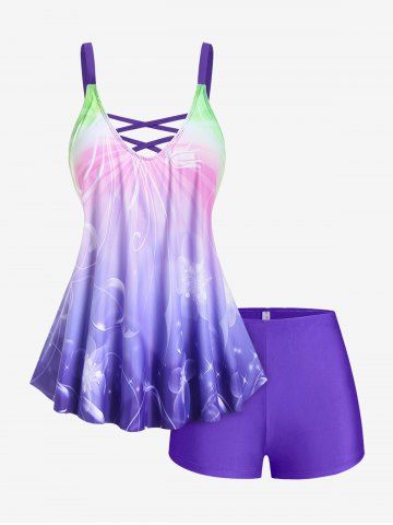 Maillot de Bain Tankini Short Rembourré Ombré Croisé sans Dos de Grande Taille - PURPLE - M | US 10