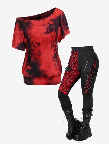 Gothic Tie Dye Batwing Sleeve Convertible Collar Top and Mesh Overlay Lace-up Zippered Skinny Pants Outfit - RED