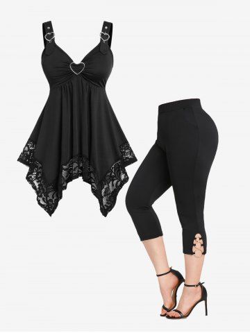 Débardeur Capri Bouclé Panneau en Dentelle de Grande Taille - BLACK